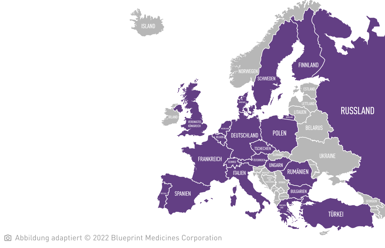 Europakarte mit einzelnen lila eingefärbten Ländern: Europaweit gibt es ECNM-Exzellenzzentren, die sich auf Systemische Mastozytose konzentrieren